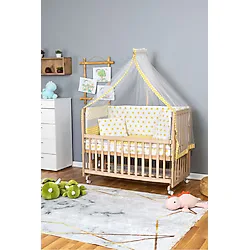 Bamgidoo Anne Yanı Bebek Beşiği Ahşap Beşik 70X130 - Sarı Yıldız 1 Yastıklı Uyku Seti Yataklı Tekerlekli - 80 x 130 cm