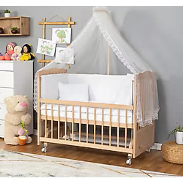 Bamgidoo Mobilya Bamgidoo Ahşap Anne Yanı Sallanan Beşik - Doğal Bebek Beşiği 60X120-BEYAZ Güpür Uyku Seti Yatak Tekerlekli - Krem - Ekru