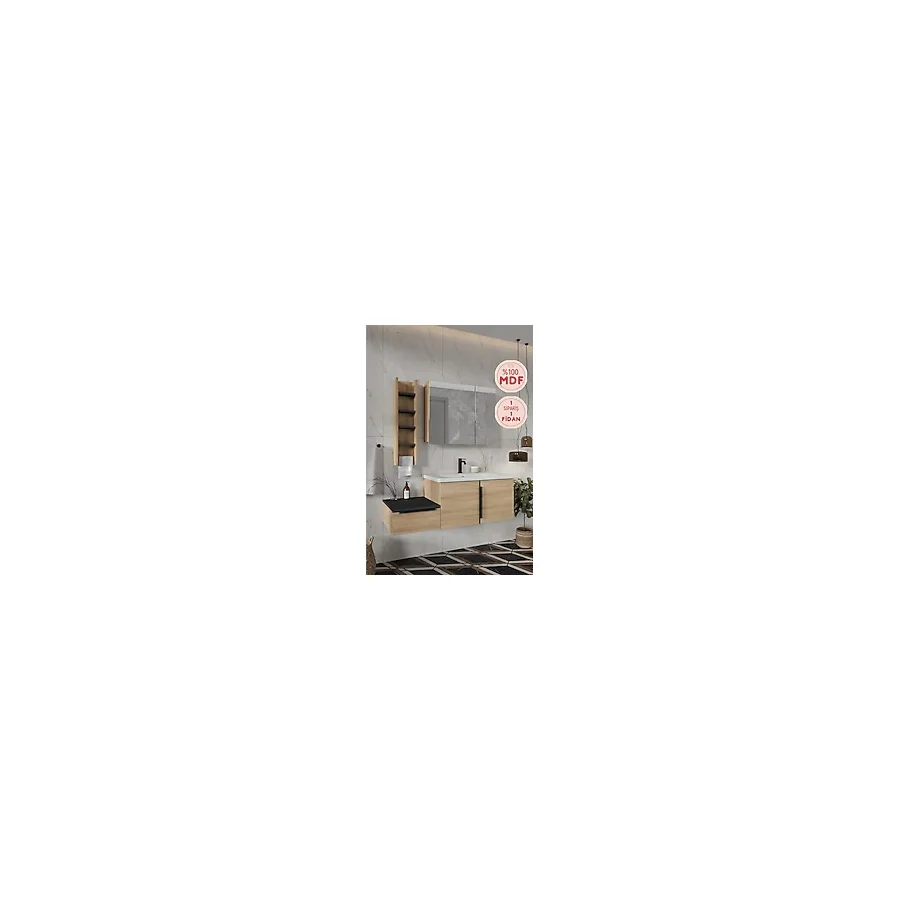 Banyo Zakkum 120 Cm Demonte Lavabolu Banyo Dolabı Dolaplı Aynalı Üst Dolap Havluluk Lefkas Meşe