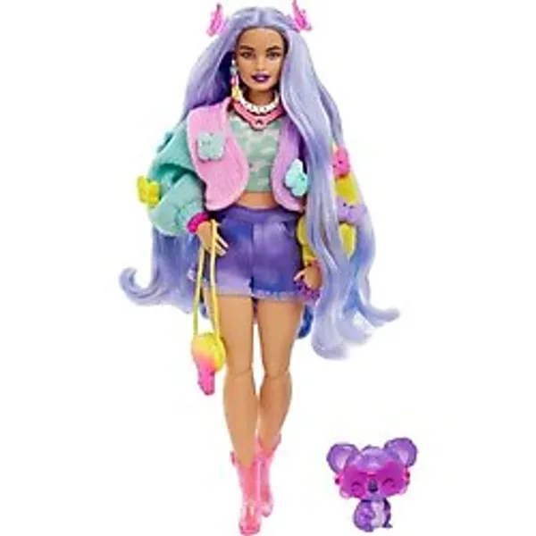 Barbie Renkli Kelebek Kazak Dalgalı Lavanta Saçlı Ekstra Bebek ve Aksesuarlar & Pet Koala ile Pembe Çizmeler