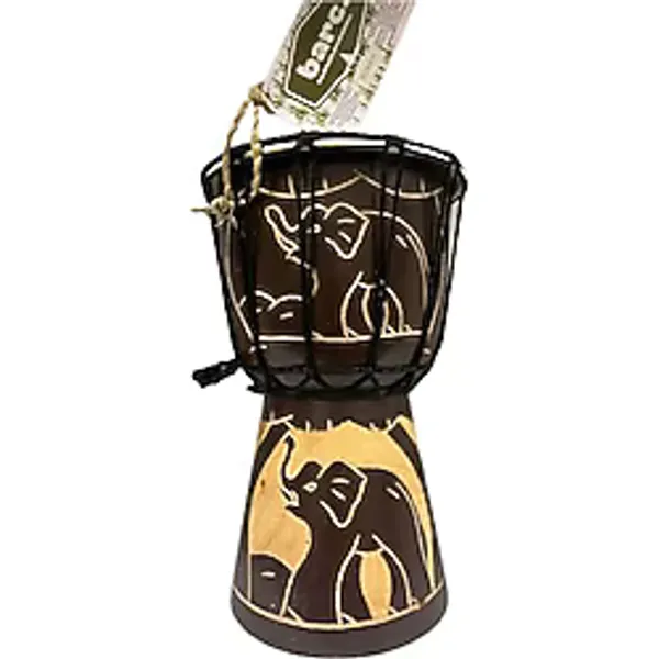 BARC Otantik Ahşap Djembe Davul, 25 cm, Mahoni Ağacı ve Keçi Derisi, El Yapımı Bali Endonezya, Fil Figürlü, 14 cm Deri Çap