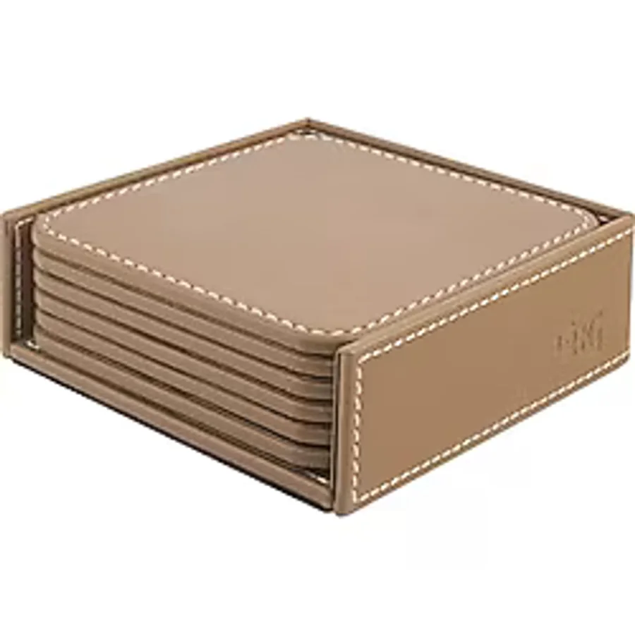 Bardak Altlığı,6'lı Set,Masaüstü Kare Cup Coaster,Vegan Suni Deri,11x11 cm.,Vizon