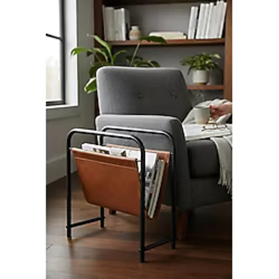 Baresmu Alpa Deri Kumaşlı Dergilik, Kitaplık - Metal Çerçeveli Modern Gazetelik / Organizer - Kahverengi