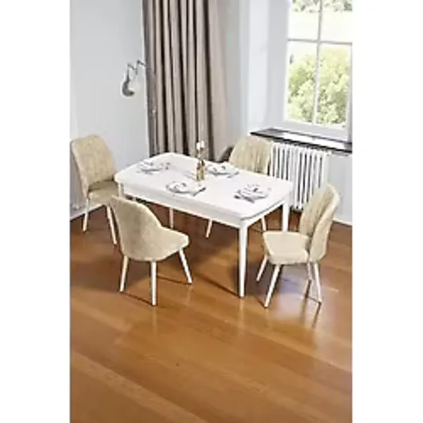 Baresmu Bara Beyaz 80X132 Açılabilir Sunta Masa Yemek Odası Takımı, Mutfak Takımı 4 Adet Sandalye - Krem