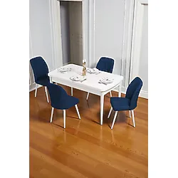 Baresmu Bara Beyaz 80X132 Açılabilir Sunta Masa Yemek Odası Takımı, Mutfak Takımı 4 Adet Sandalye - Lacivert