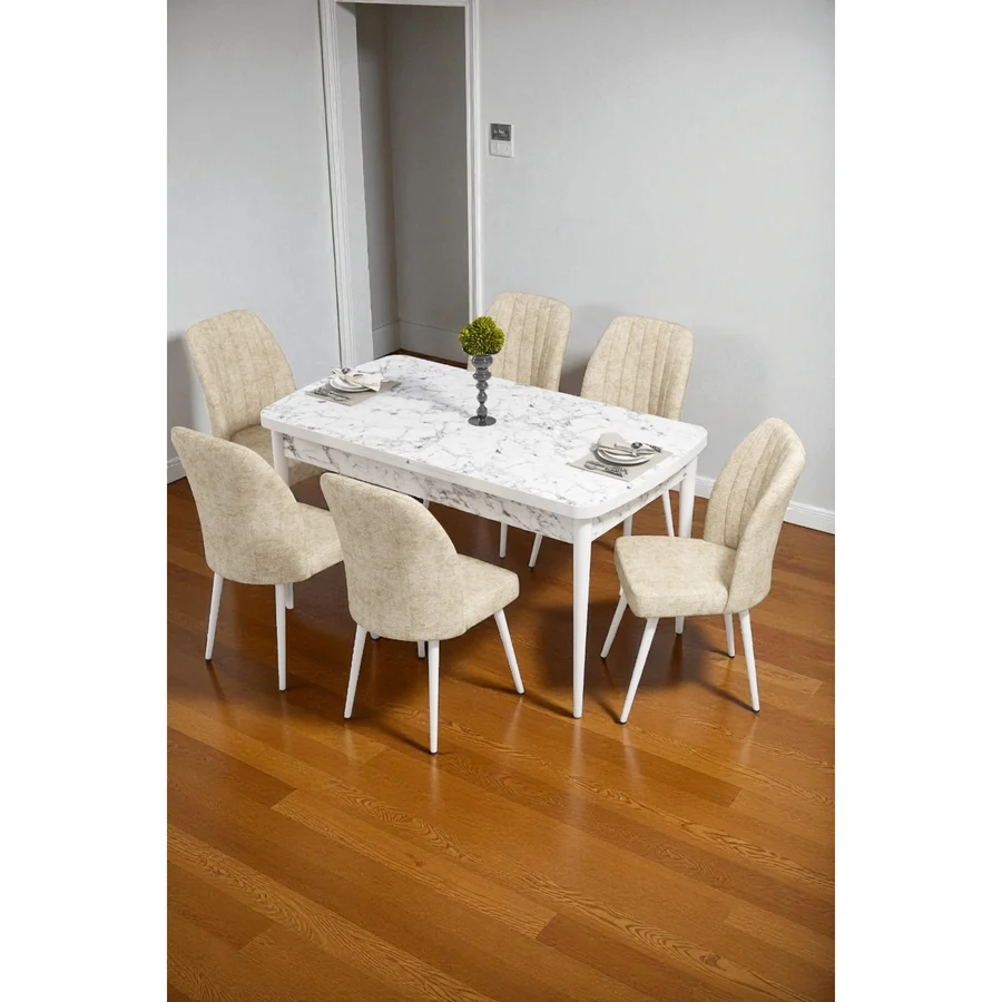 Baresmu Bara Beyaz Mermer 80X132 Açılabilir Sunta Masa Yemek Odası Takımı, Mutfak Takımı 6 Adet Sandalye - Krem