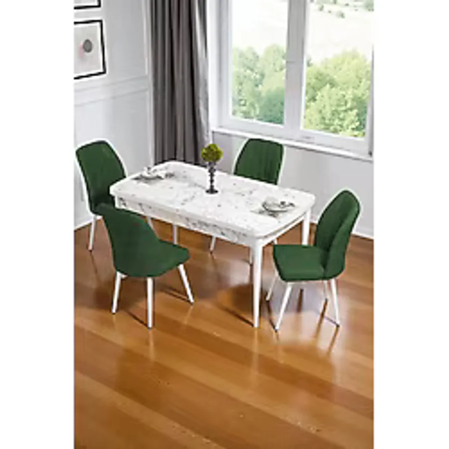 Baresmu Bara Beyaz Mermer 80X132 Açılabilir Sunta Masa Yemek Odası Takımı, Mutfak Takımı 4 Adet Sandalye - Yeşil