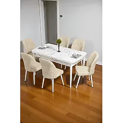 Baresmu Bara Beyaz Mermer 80X132 Açılabilir Sunta Masa Yemek Odası Takımı, Mutfak Takımı 6 Adet Sandalye - Krem