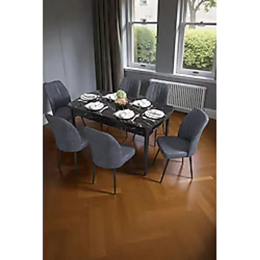 Baresmu Bara Siyah Mermer 80X132 Açılabilir Sunta Masa Yemek Odası Takımı, Mutfak Takımı 6 Adet Sandalye - Antrasit