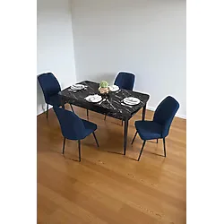Baresmu Bara Siyah Mermer 80X132 Açılabilir Sunta Masa Yemek Odası Takımı, Mutfak Takımı 4 Adet Sandalye - Lacivert