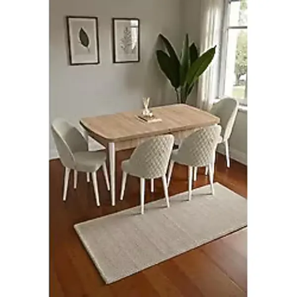 Baresmu Mura Meşe 80X132 Açılabilir Mdf Masa Yemek Odası Takımı, Mutfak Takımı 4 Adet Sandalye - Krem 4 Adet
