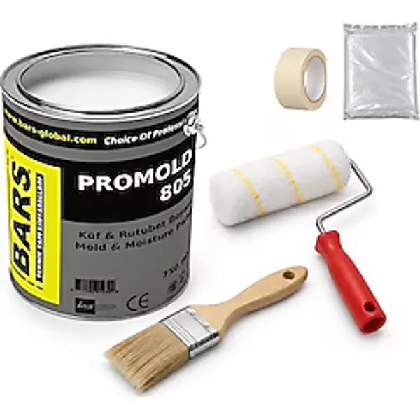 Bars Arge Toptan Promold 805 Küf ve Rutubet Nem Boyası - Nefes Alan, Anti Bakteriyel, Iç Dış Cephe Duvar Boyası 1 kg +Kestirme Fırça+ Özel Epoxy Rulo+Kağıt Bant+Hışır Örtü