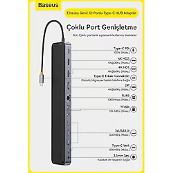 Baseus Elitejoy Gen2 12-In-1 Usb-C Hub Docking Station, 4K@60Hz Triple Display Adaptör, 100W Pd Şarj, Gigabit Ethernet, Sd/tf Kart Okuyucu 5gbps USB Çoklayıcı - EliteJoy Gen2 12in1