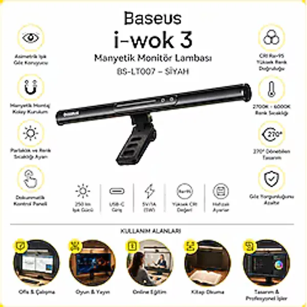 Baseus İ-wok 3 Manyetik Monitör Lambası Bs-lt007 Siyah Asimetrik Göz Koruyucu Ekran Işığı Usb-c 270 Ayarlanabilir 2700k-6000k