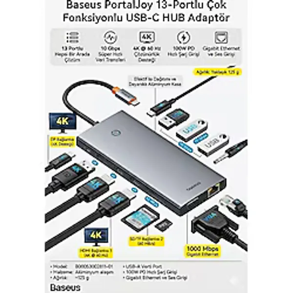 Baseus PortalJoy 13-In-1 USB-C Hub, 4K@60Hz 3 Monitör Desteği, HDMI DP VGA, 100W PD Şarj, Gigabit Ethernet Usb-C Hub Docking Station USB Çoklayıcı - PortalJoy 13in1