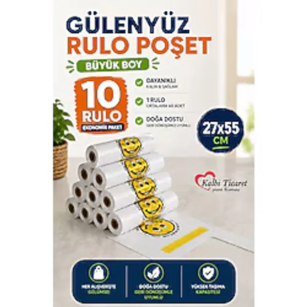 Baskılı Rulo Poşet Büyük Boy 10'lu Gülenyüz Hışır Atlet Poşet Market Manav Poşeti Çöp Poşeti
