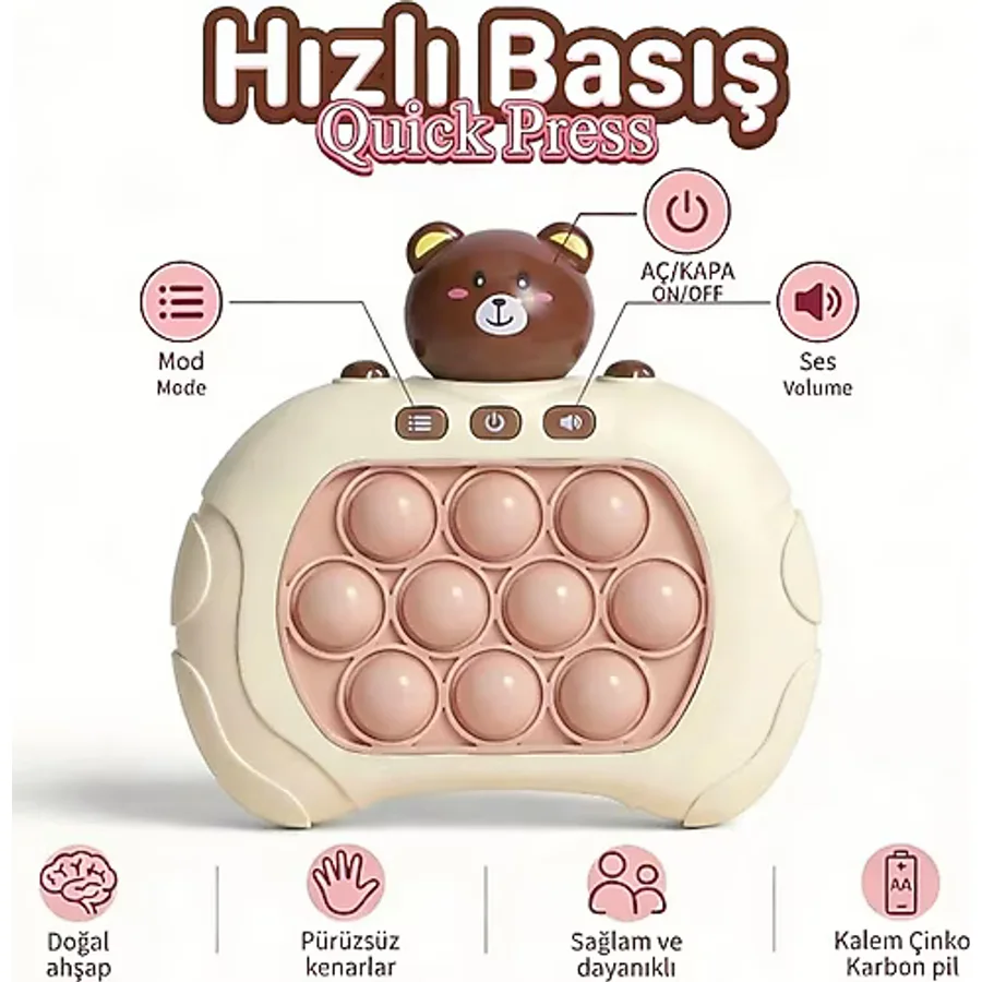 Bbsky Ayıcıklı Işıklı ve Sesli Pilli Popit Egitici Oyuncak Sevimli Push Pop Konsol 4 Farklı Oyun Modu