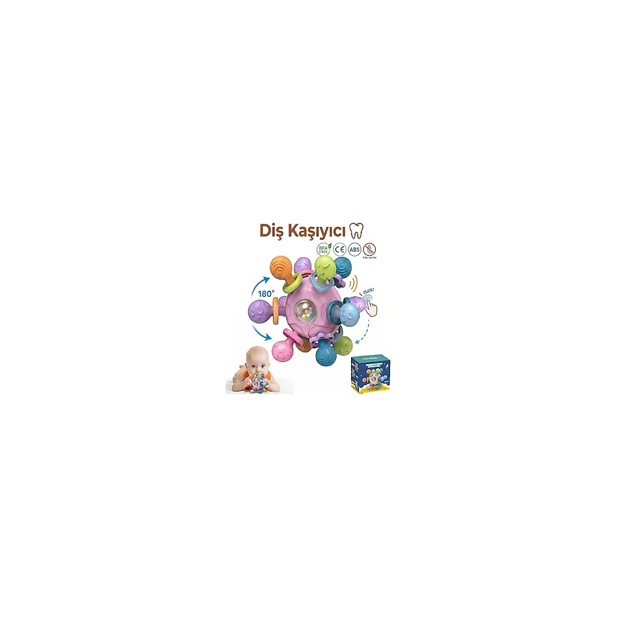 Bbsky Montessori Duyusal Diş Kaşıyıcı Top Eğitici Bebek Oyuncağı Çıngıraklı Güvenli Abs Tpe Malzeme - Koyu Pembe