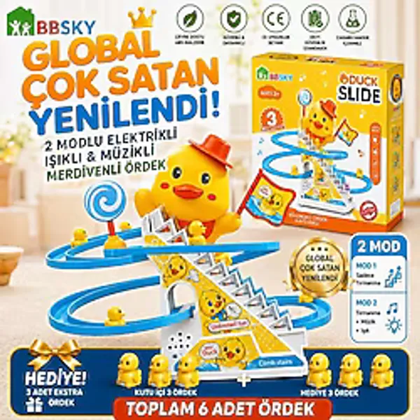 Bbsky Yeni Nesil Beyaz Gövde Eğlenceli Merdiven Çıkan 3 Ördek: Işıklı ve Müzikli Otomatik Kaydırak Seti - 3+ Yaş Okul Öncesi Gelişim ve Çocuk Doğum Günü Hediyesi