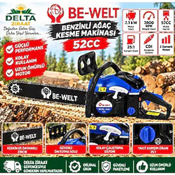 Be-Welt 5200 Benzinli Ağaç Kesme Motoru 52 cc 2.1 Kw Cdı Ateşleme Sistemi - 1 adet
