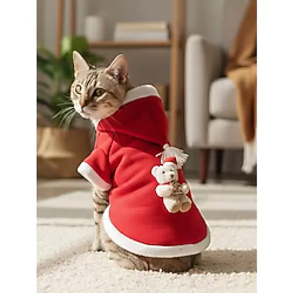 Bear Snow Kırmızı Xmas Kedi Kıyafeti Kapüşonlu Polar Noel Sweatshirt Küçük Irklar İçin