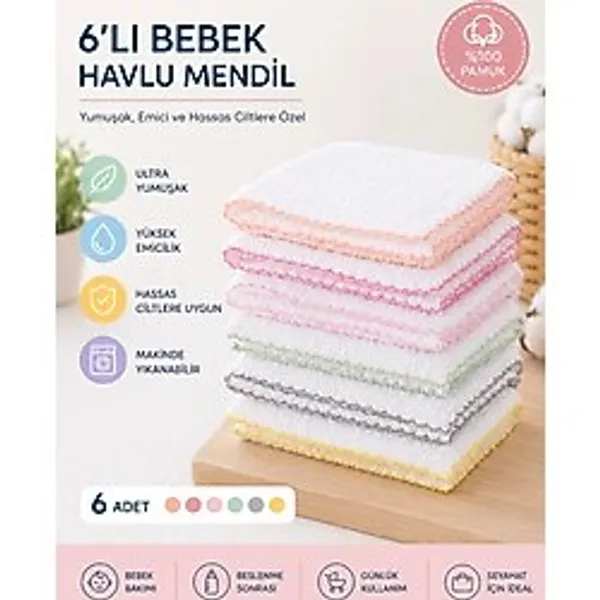 Bebek Ağız Mendili Ve Ter Havlusu 6'Lı Paket Düz Pembe 1071