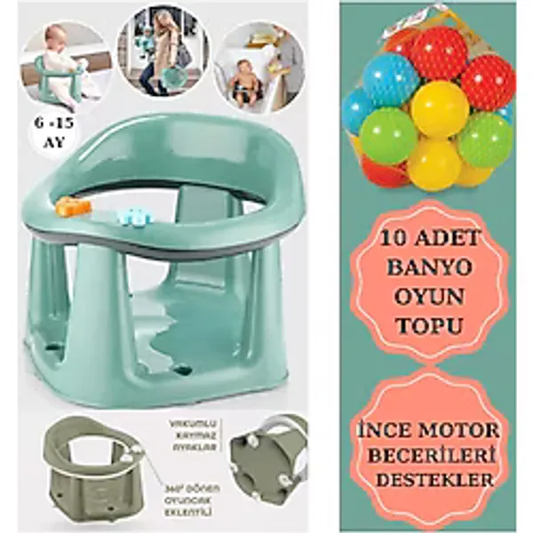 Bebek Banyo Oturağı - Vakum Tabanlı Bebek Mama Oturağı - Bel Destekli Vakumlu Mama, Yelşil 10 Top