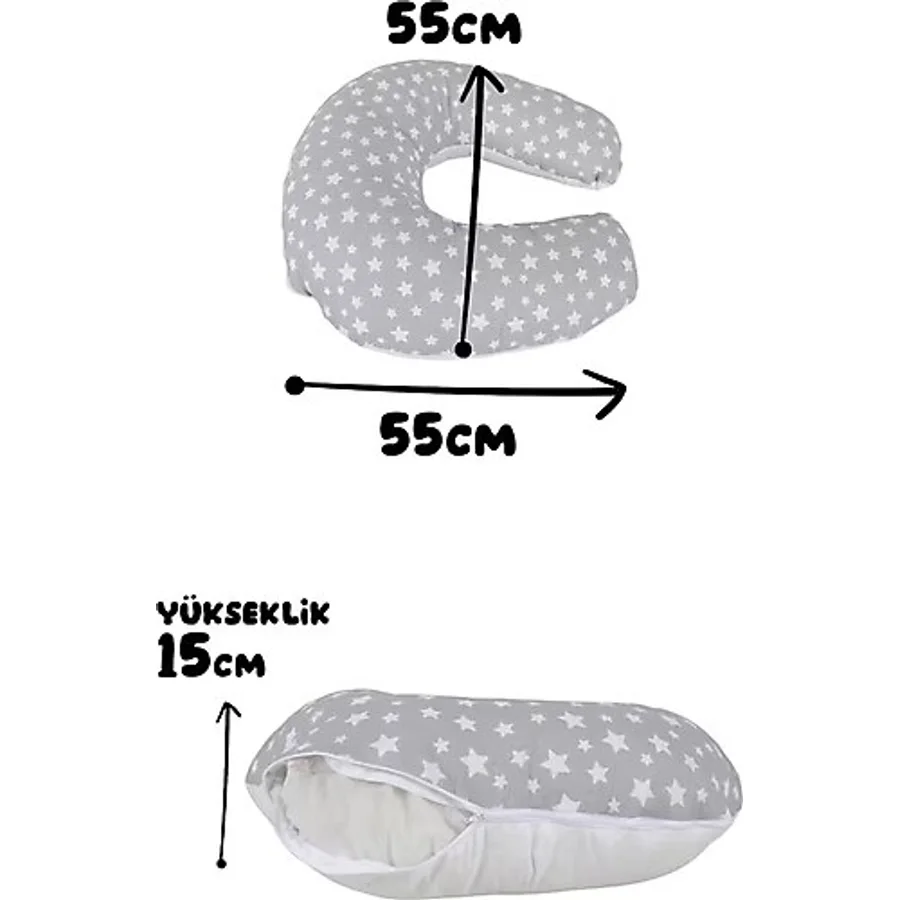Bebek Emzirme Minderi Gri Yıldız Desenli Çift Taraflı Emzirme Yastığı Bebek ve Anne İçin Konforlu De
