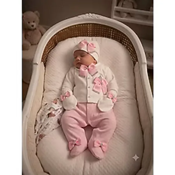 Bebek Tulum Takımı 3 Parça Yenidoğan Şapkalı Eldivenli Erkek Kız Bebek Hastane Çıkışı Seti - 00406 Pembe - 0 - 3 Ay