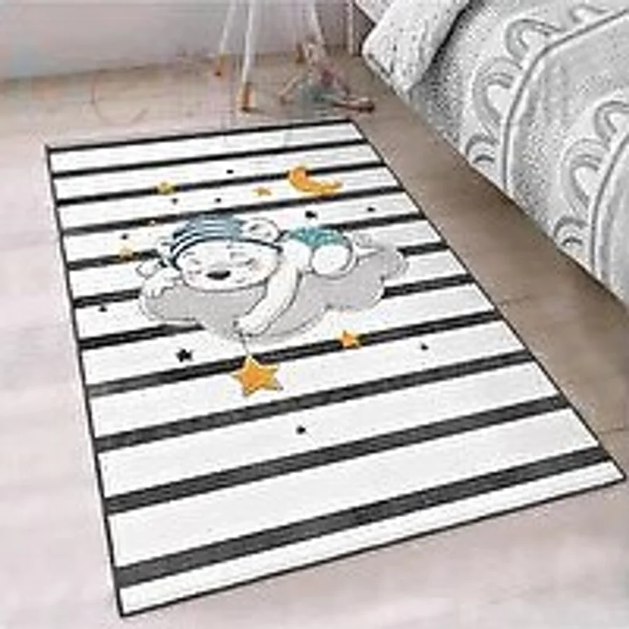 Bebişim Halı Sevimli Uyuyan Ayıcık Desenli Çocuk Odası Halısı Beyaz