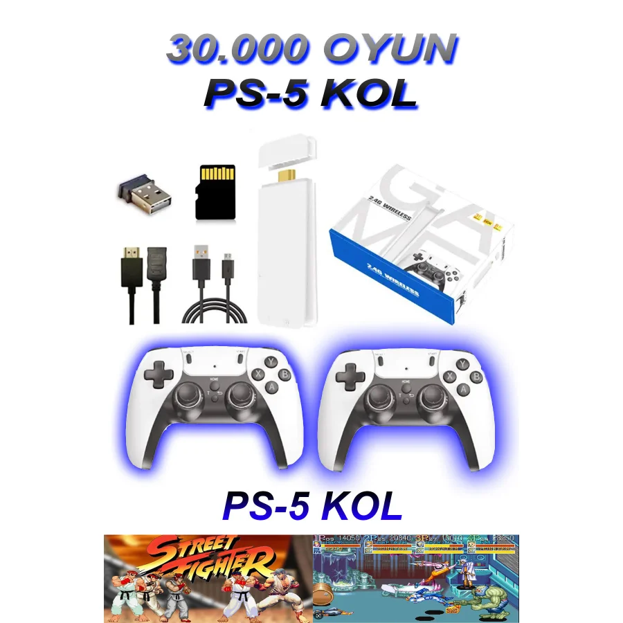 BedrON Playstation 5 Kollu Atari 30.000 Oyunlu 2.4g Kablosuz Çift Kol Retro Oyunlar 4k Game Stick Uyumlu
