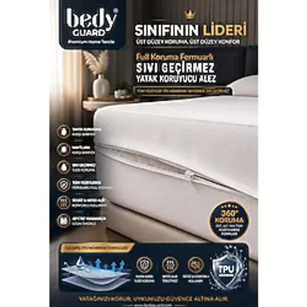 BEDY GUARD Full Koruma Fermuarlı Sıvı Geçirmez Yatak Koruyucu Alez (YÜKSEKLİK TEK K.:26CM, ÇİFT K.:35CM)