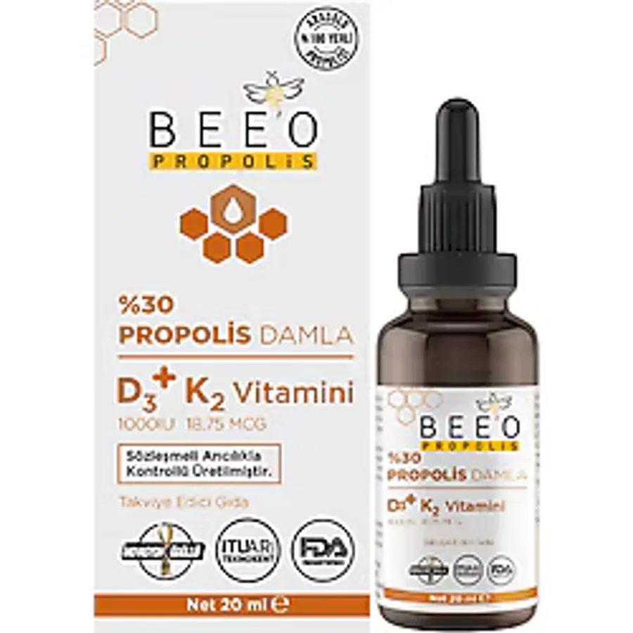 BEE'O Beeo Propolis D3+K2 Damla 20 ml Anadolu Propolisi İçeren Katkısız Vitamin Takviyesi
