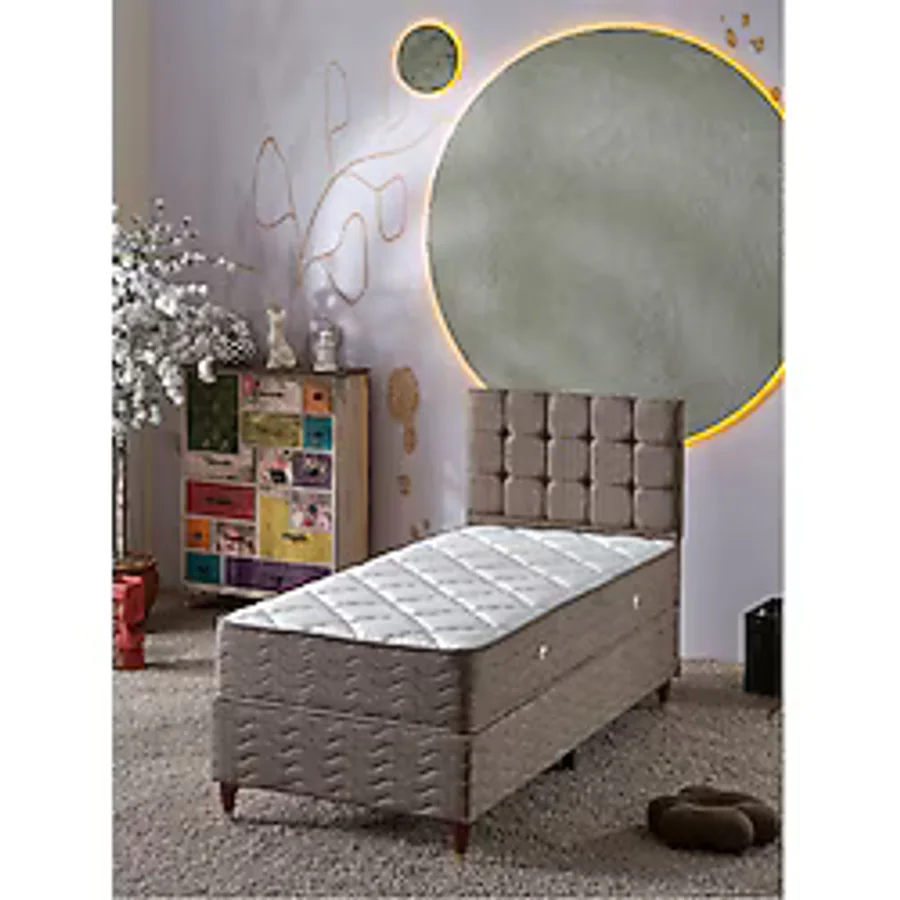 Beehanem Bengü Tek Kişilik 3lü Set Yatak+baza+başlık Keten Kahve 90 X 190
