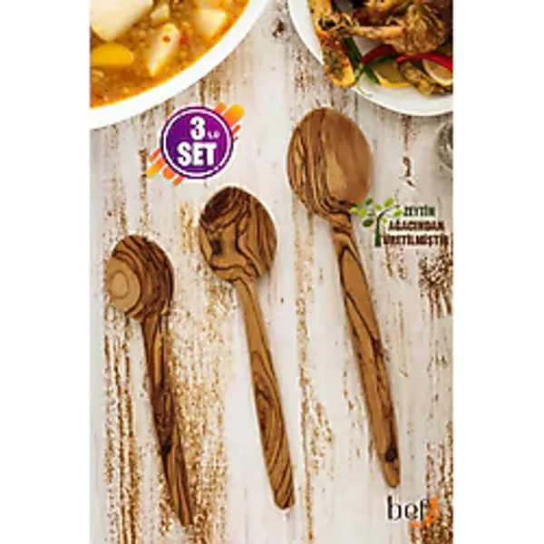 Bef Craft 3 Parça Zeytin Ağacı El Yapımı Ahşap Mutfak Seti Tahta Yemek Kaşığı Seti Mutfak Gereçleri Tahta Kaşık Seti Ahşap Servis Kaşığı Seti