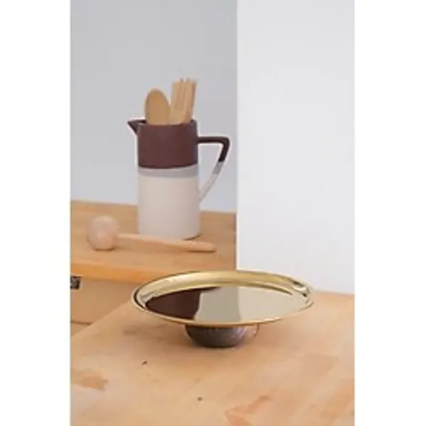 Beige & Stone Ahşap Tabanlı Gold 23 cm Yuvarlak Servis/Sunum Tabak Dekoratif Stand