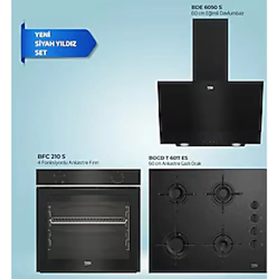 Beko Black Star 3'lü Ankastre Set 5 Modern Tasarımlı Siyah Renk Gazlı Ocak BFC 210 S - Bocd T 6011 Es - Bde 6050 S