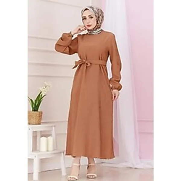 Beli Kuşaklı Luna Tesettür Elbise-Taba