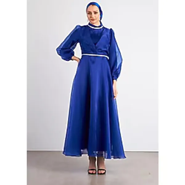 Beli Taşlı Saks Tesettür Abiye Elbise Saks