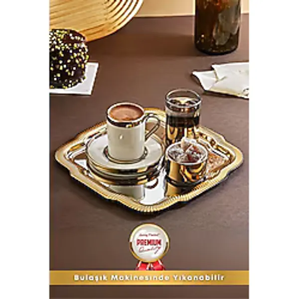 Belirtilmemiş Kahve Fincanı Tepsili Gold Porselen Fincan Seti Damat Kahvesi-Söz Nişan Türk Kahvesi - Altın