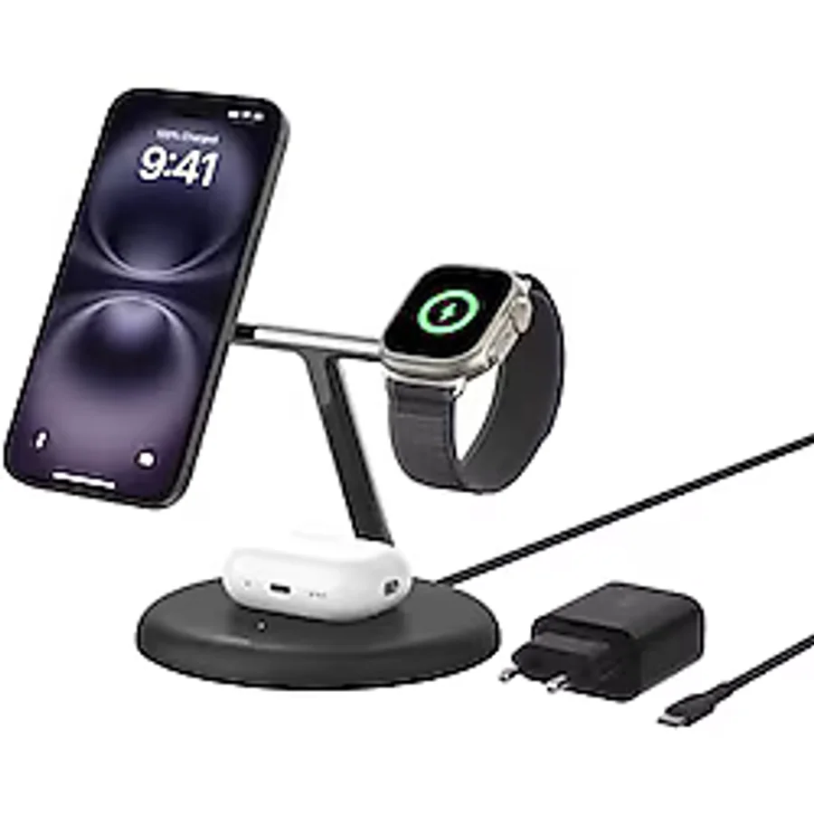 Belkin 3'ü 1 Arada Manyetik MagSafe Uyumlu Qi2 15W Kablosuz Şarj Standı, iPhone 16, 15, 14 ve 13 Serisi, AirPods, Apple Watch vb. için Hızlı Şarj Özellikli iPhone Şarj Cihazı (PSU dahil) - Siyah