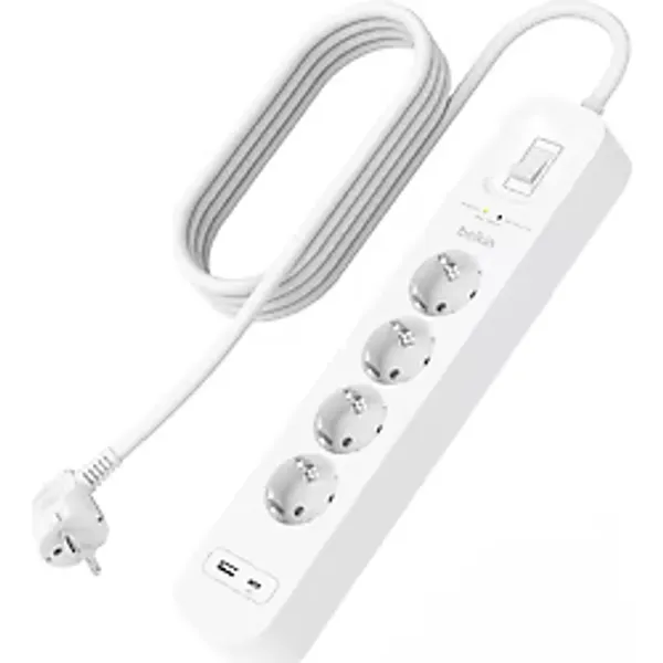 Belkin 4'lü çoklu priz, yüksek gerilim korumalı, duvara montaj, 4 priz, 2 m güç kablosu, yeşil ışıklı gösterge, hızlı şarj için USB C PD'li USB-C ve USB-A bağlantısı; 525 jul koruma