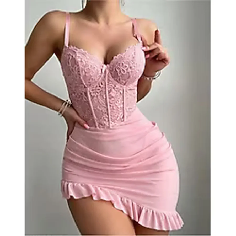 Bella Notte 2 Parça Toz Pembe Fırfırlı Tanga ve Gecelik