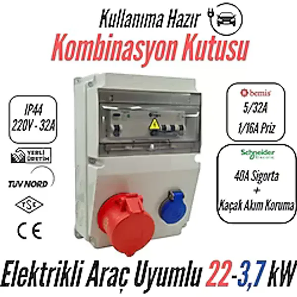 Bemis Kombinasyon Kutusu IP44 (40A Sigorta + Kaçak Akım Korumalı) (Taşınabilir Elektrikli Araç Şarj Cihazları İçin Uygundur) - 5/32A Ön Çıkış + 1/16A Ön Çıkış