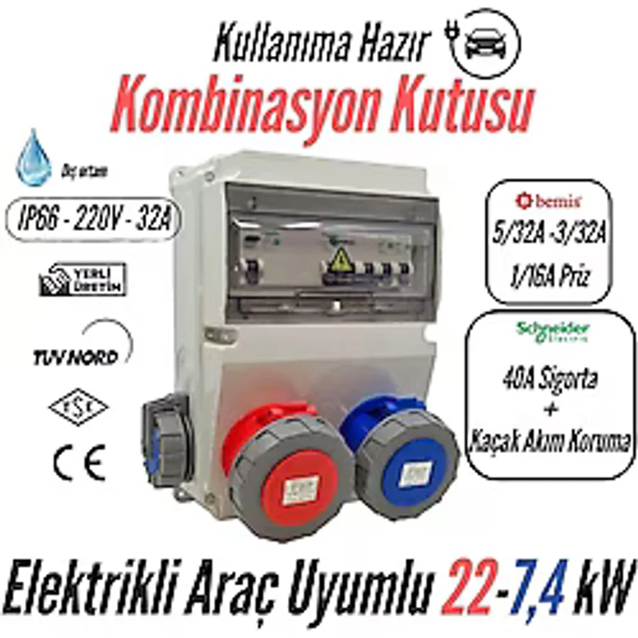 Bemis - Kombinasyon Kutusu IP66 (40A Sigorta + Kaçak Akım Korumalı)(Taşınabilir Elektrikli Araç Şarj Cihazları İçin Uygundur)
