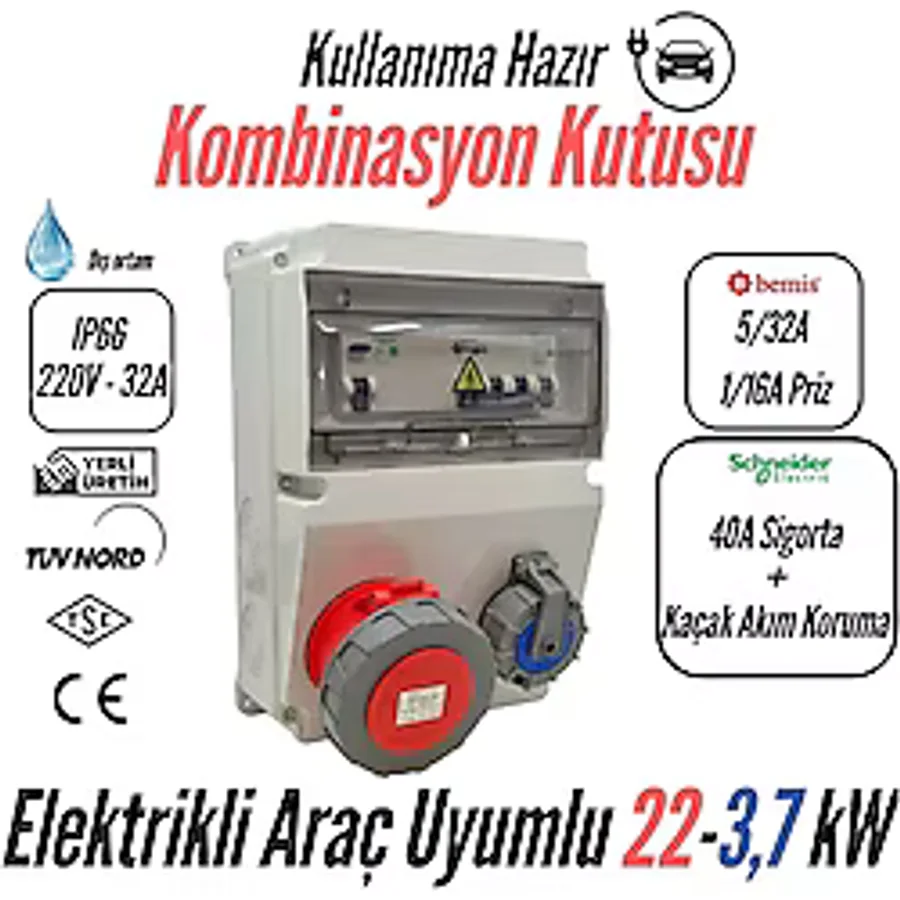 Bemis Kombinasyon Kutusu IP66 (40A Sigorta + Kaçak Akım Korumalı)(Taşınabilir Elektrikli Araç Şarj Cihazları İçin Uygundur) 5/32A Ön Çıkış + 1/16A Ön