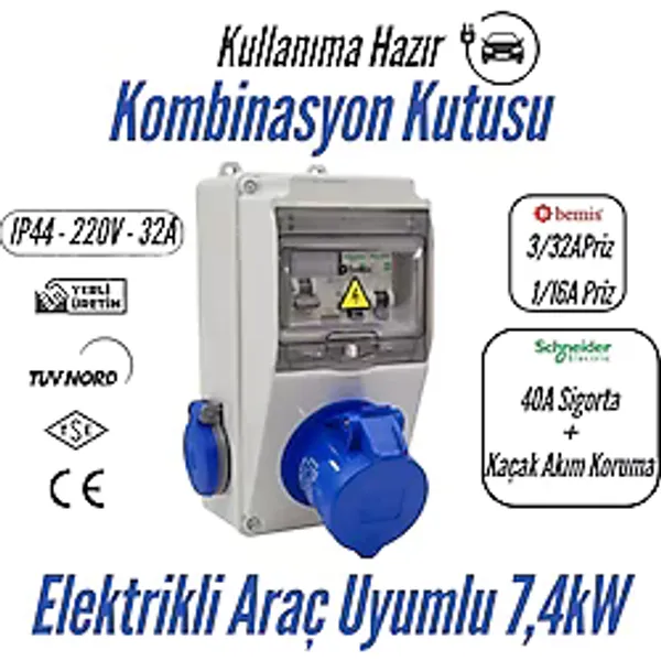 Bemis Kombinasyon Kutusu (Taşınabilir Elektrikli Araç Şarj Cihazları İçin Uygundur)(40A Sigorta + Kaçak Akım Korumalı) - 3/32A Ön Çıkış + 1/16A Ön Çıkış IP44