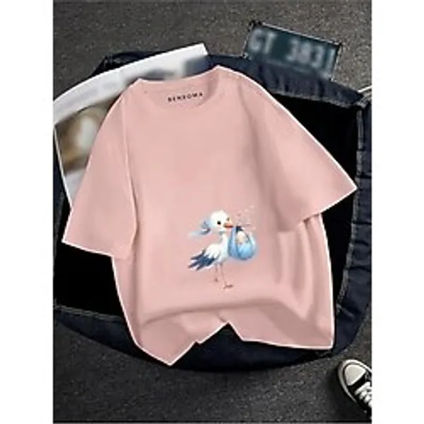 BENROMA Hamile Mavi Leylek Baskılı Tisort,Pembe 2XL