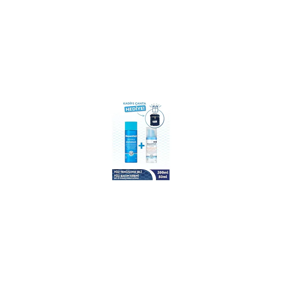 Bepanthol Derma Yüz Temizleme Jeli 200ml + SPF 25 Güneş Koruyuculu Yüz Bakım Kremi 50ml + Kadife Çanta Hediye