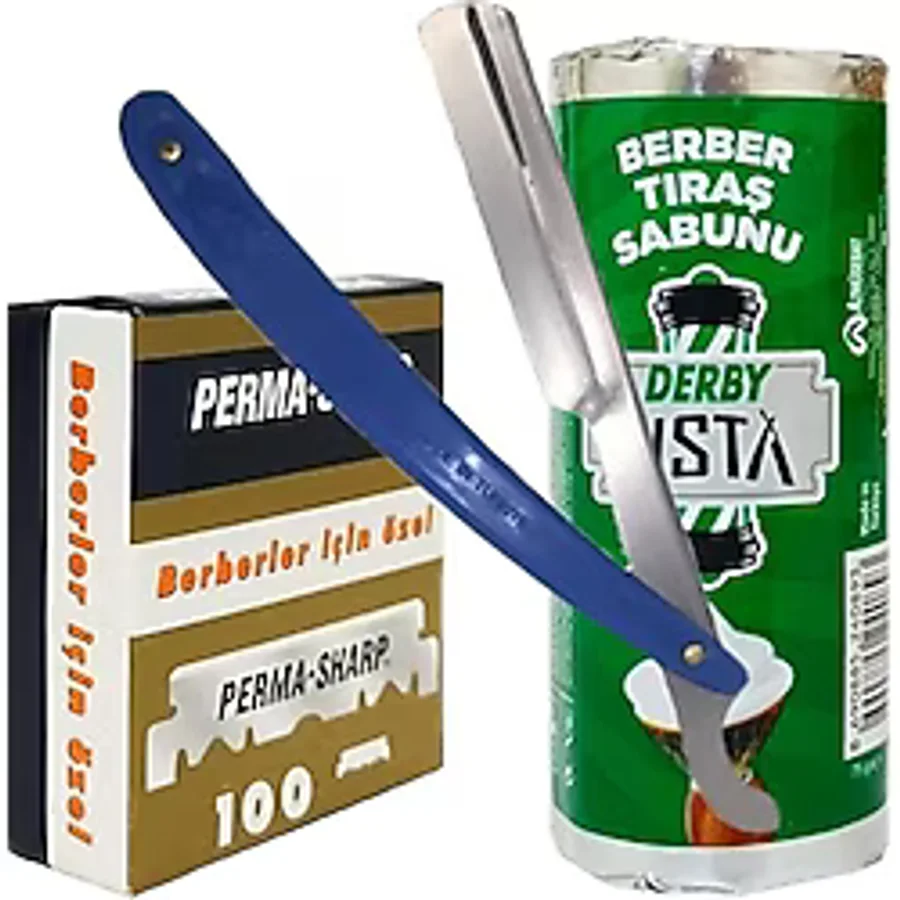 Berber Jileti 100'LÜ Paket, Derby Usta 75G Tıraş Sabunu, Ali Bıyıklı Ustura Seti